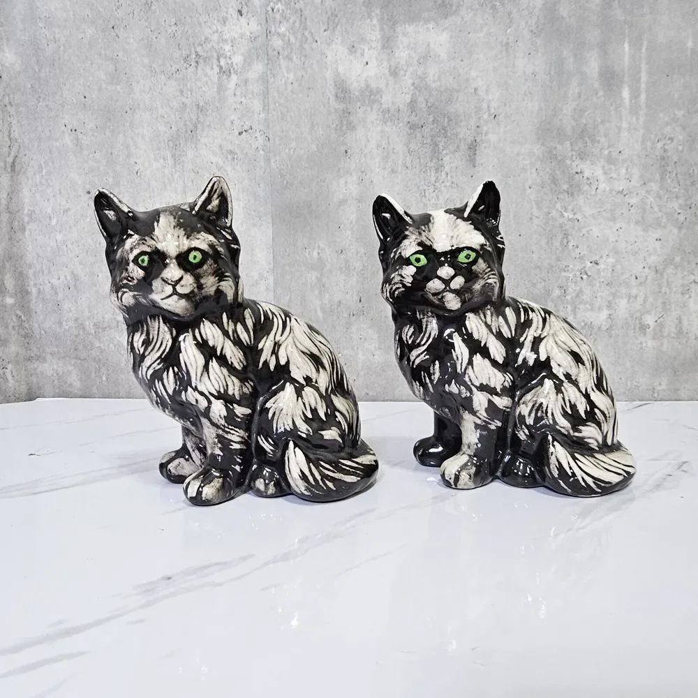 Set of 2 Vintage Ceramic Green Eyes Long Haired Cats Kittens Figurines 5